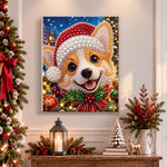 Finished smiling corgi in christmas hat pearl diamond painting artwork displayed as holiday home decor