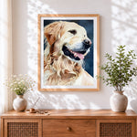 Finished smiling golden retriever cross stitch artwork displayed
