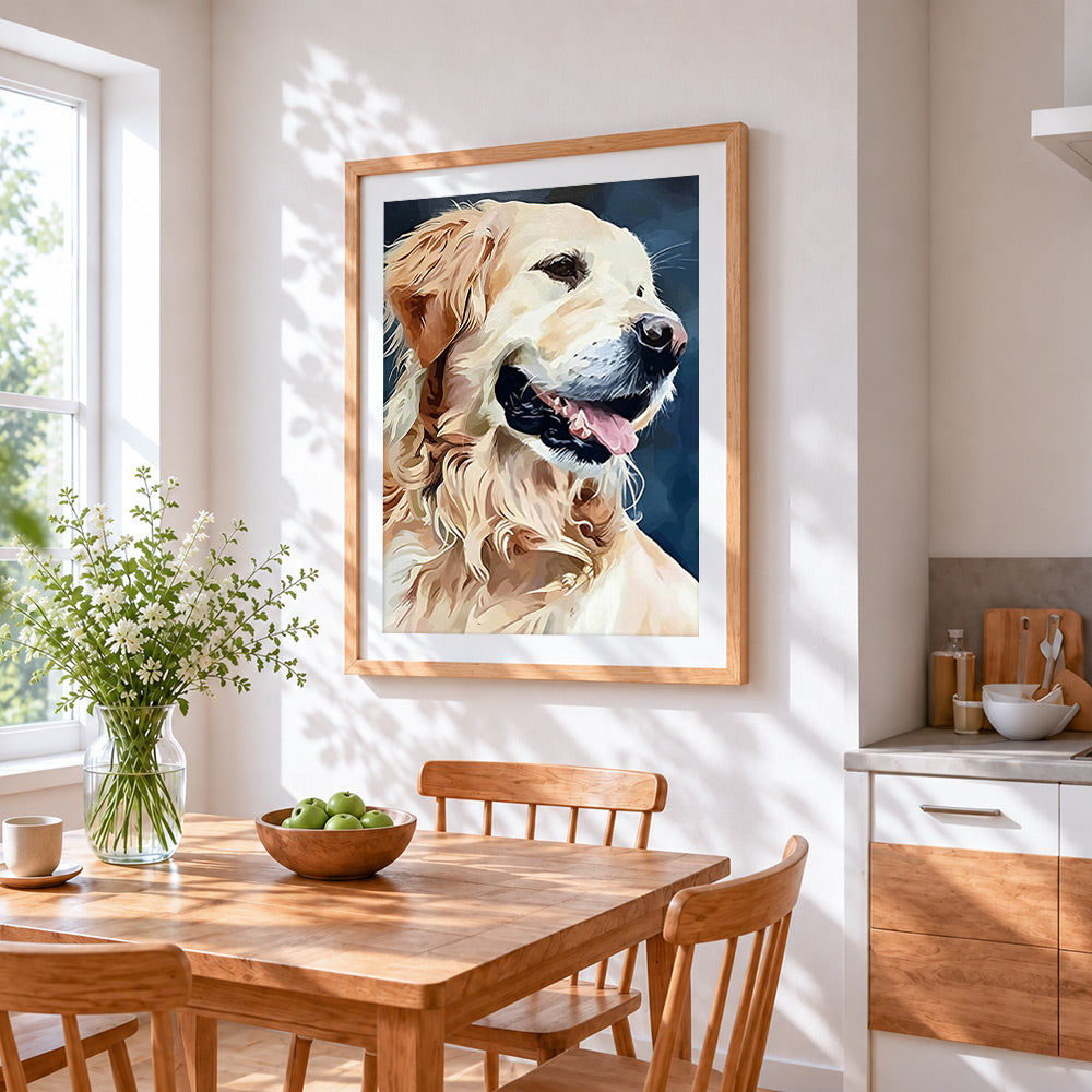 Smiling golden retriever cross stitch artwork displayed on wall as home decor