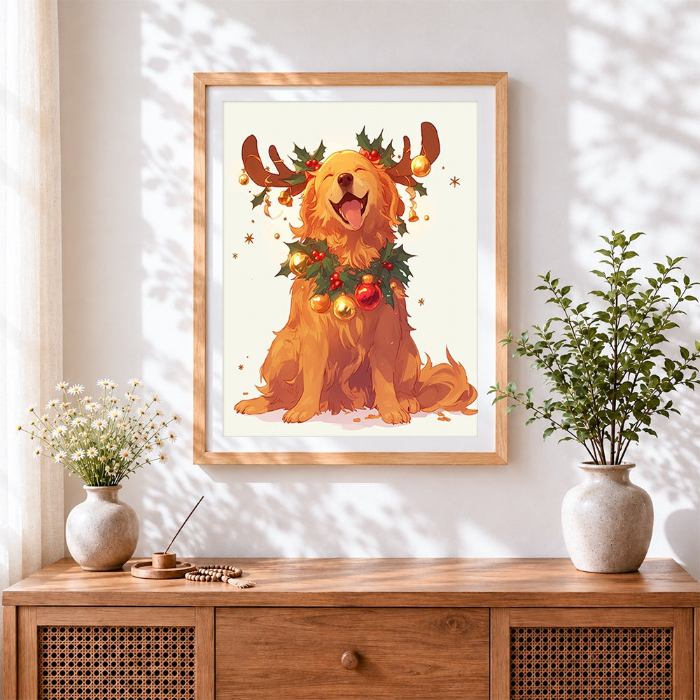 Finished smiling golden retriever with christmas antlers cross stitch artwork displayed