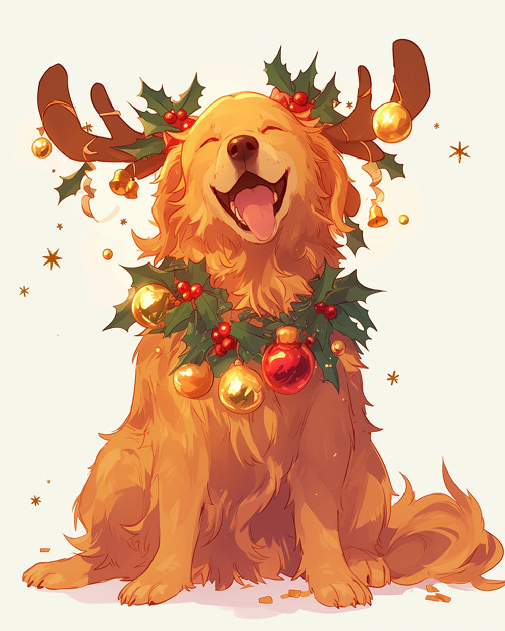Smiling golden retriever with christmas antlers cross stitch kit for beginners