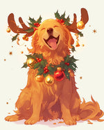 Smiling golden retriever with christmas antlers cross stitch kit for beginners