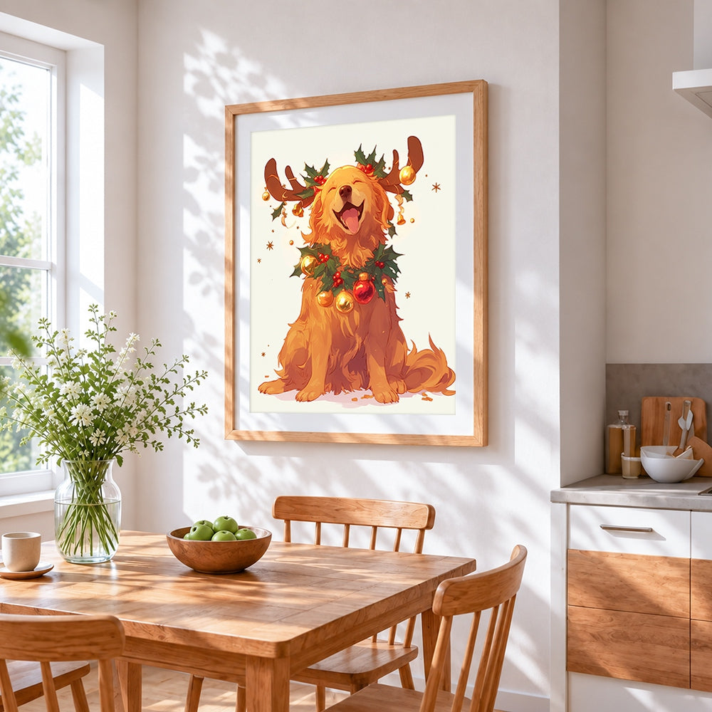 Smiling golden retriever with christmas antlers cross stitch artwork displayed on wall as home decor