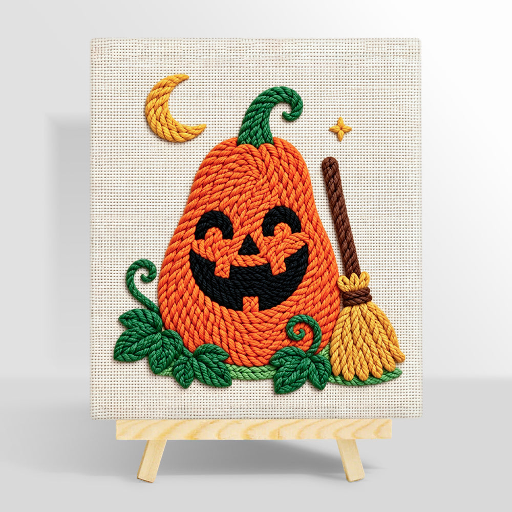 Smiling pumpkin with broom punch needle kit for beginners