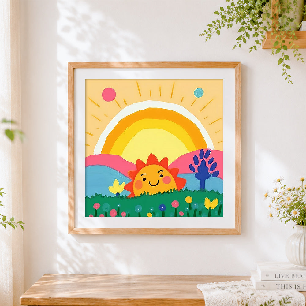 Finished smiling sun and rainbow cross stitch artwork displayed