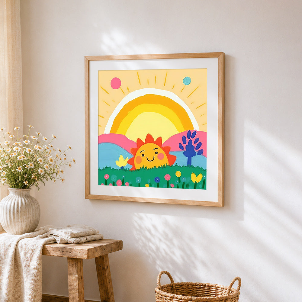 Smiling sun and rainbow cross stitch artwork displayed on wall as home decor