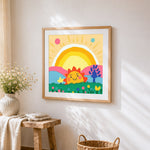 Smiling sun and rainbow cross stitch artwork displayed on wall as home decor