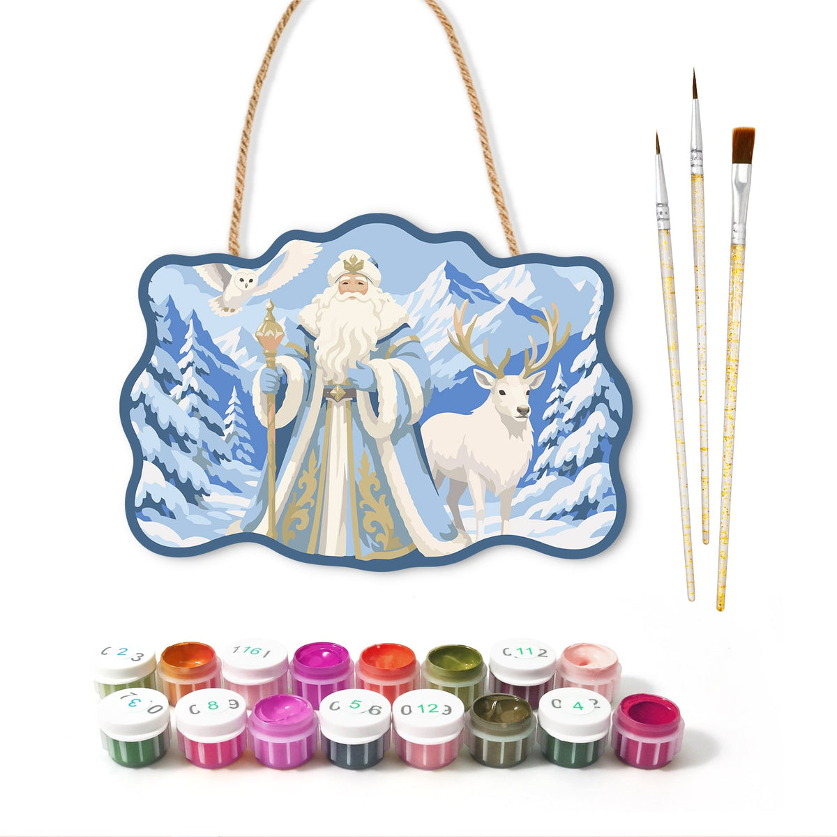 Snow forest santa scene paint by numbers door hanger with paints and brushes