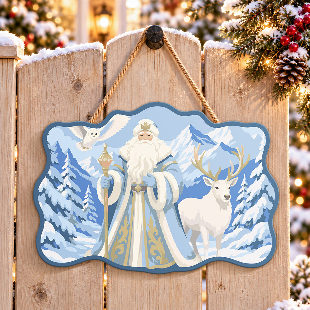 Snow forest santa scene paint by numbers door hanger on a garden gate