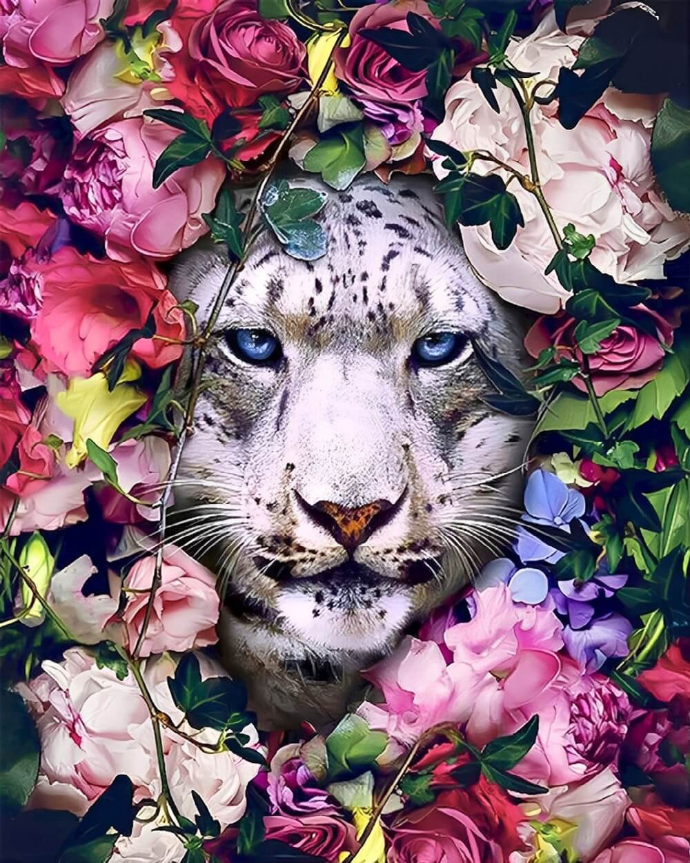 Snow leopard in flowers cross stitch kit for beginners