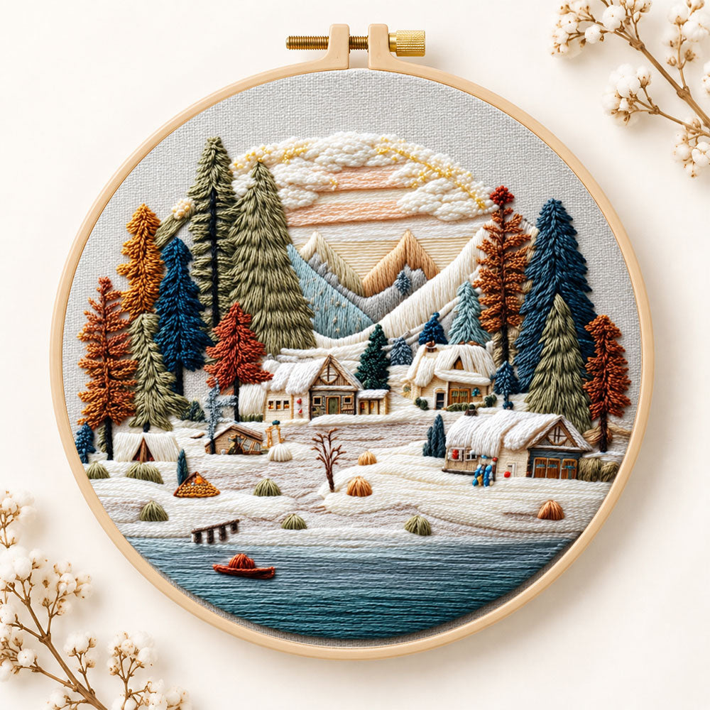 Snow mountain village embroidery kit