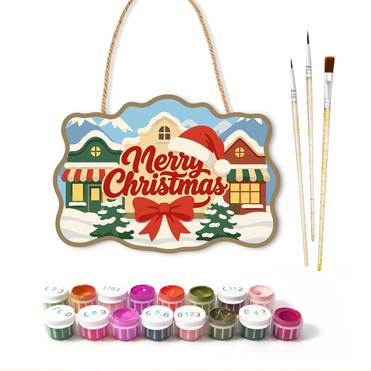 Snow village merry christmas paint by numbers door hanger with paints and brushes
