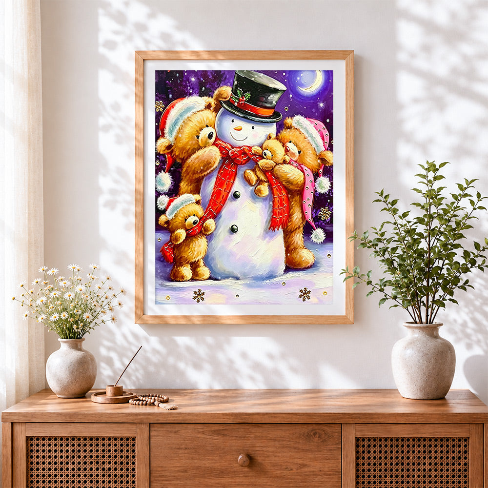 Finished snowman and bears cuddling in the snow cross stitch artwork displayed