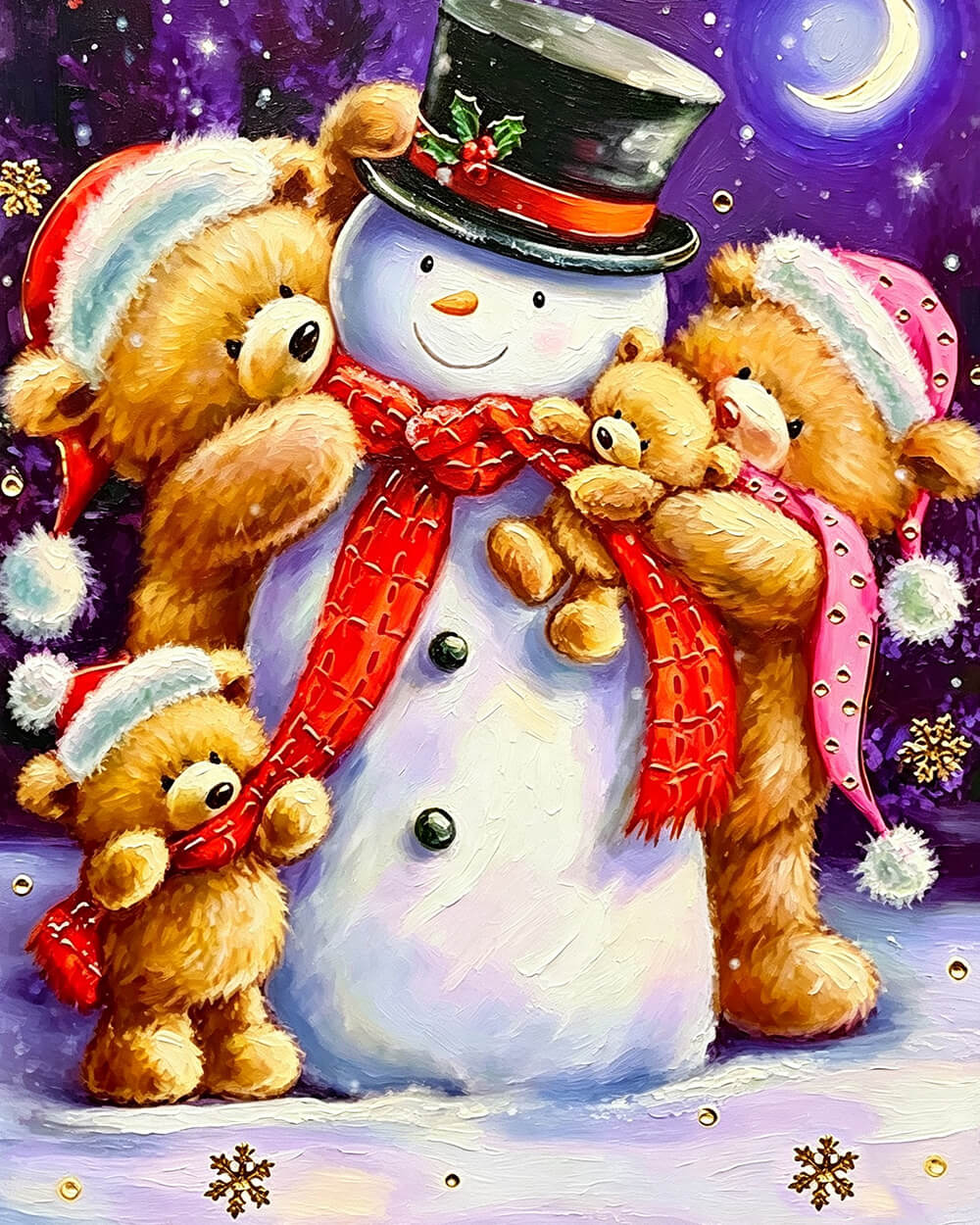 Snowman and bears cuddling in the snow cross stitch kit for beginners