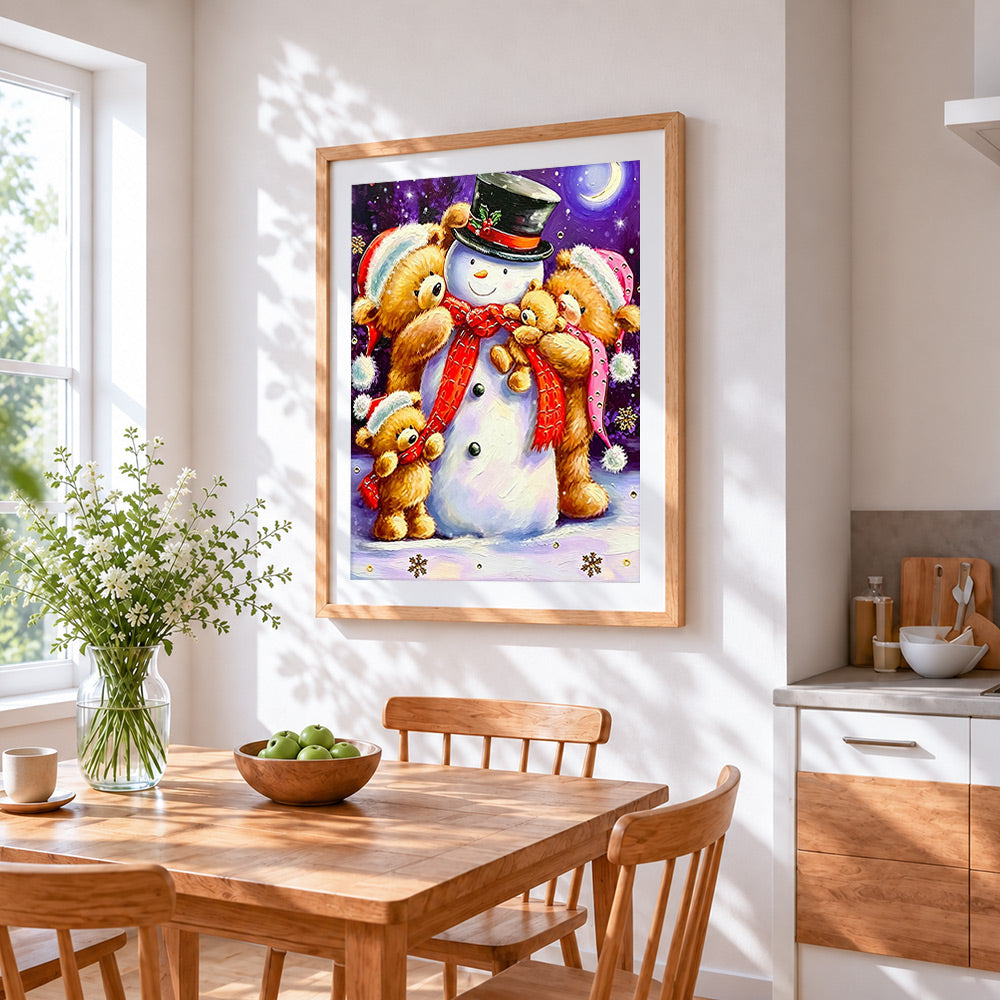 Snowman and bears cuddling in the snow cross stitch artwork displayed on wall as home decor