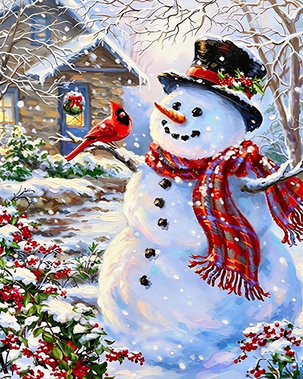 Snowman and cardinal in the snow cross stitch kit for beginners