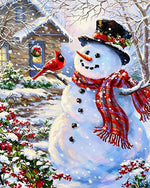 Snowman and cardinal in the snow paint by numbers kit for beginners