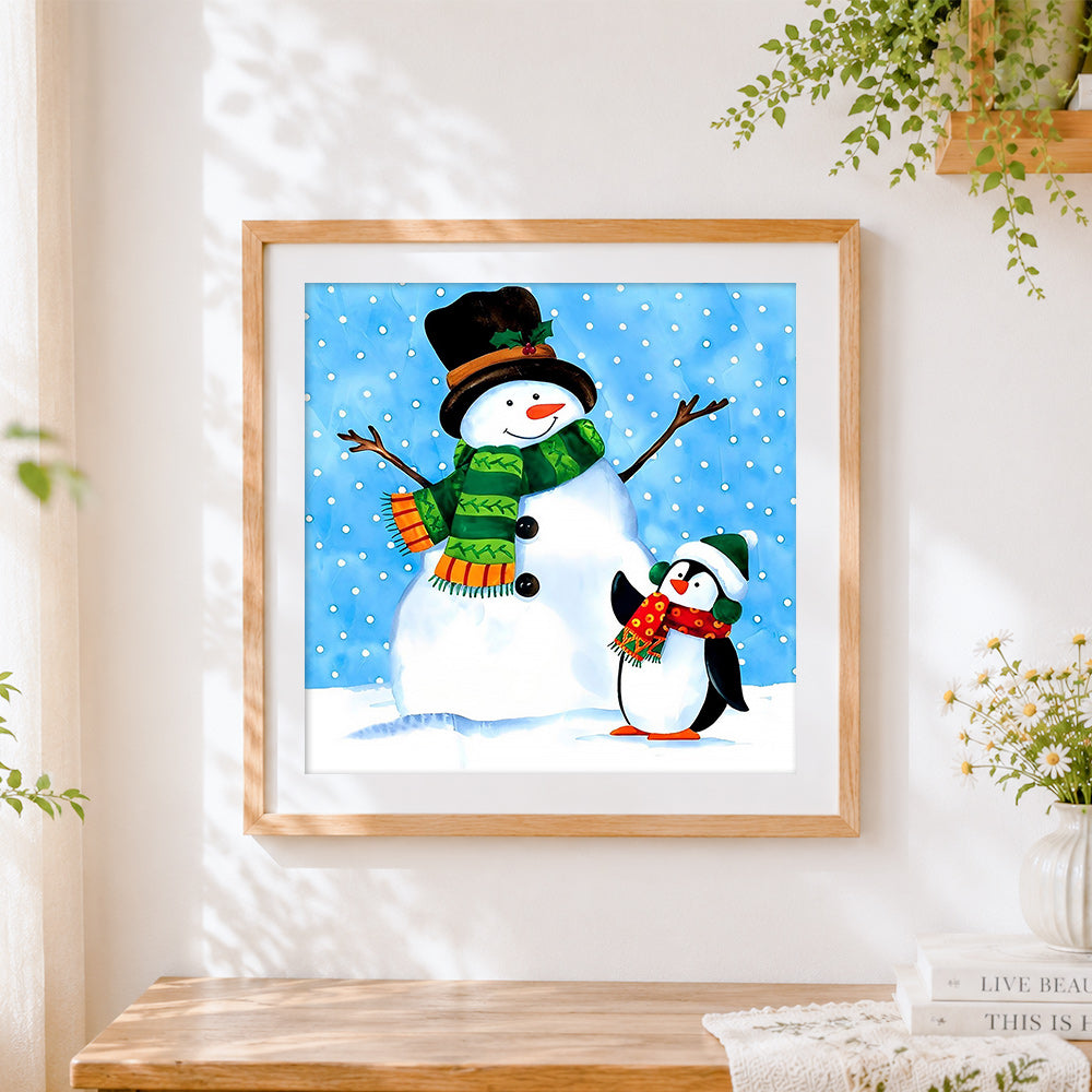 Finished snowman and penguin in the snow paint by numbers artwork displayed as home decor