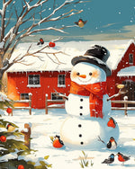 Snowman and robins by red barn cross stitch kit for beginners