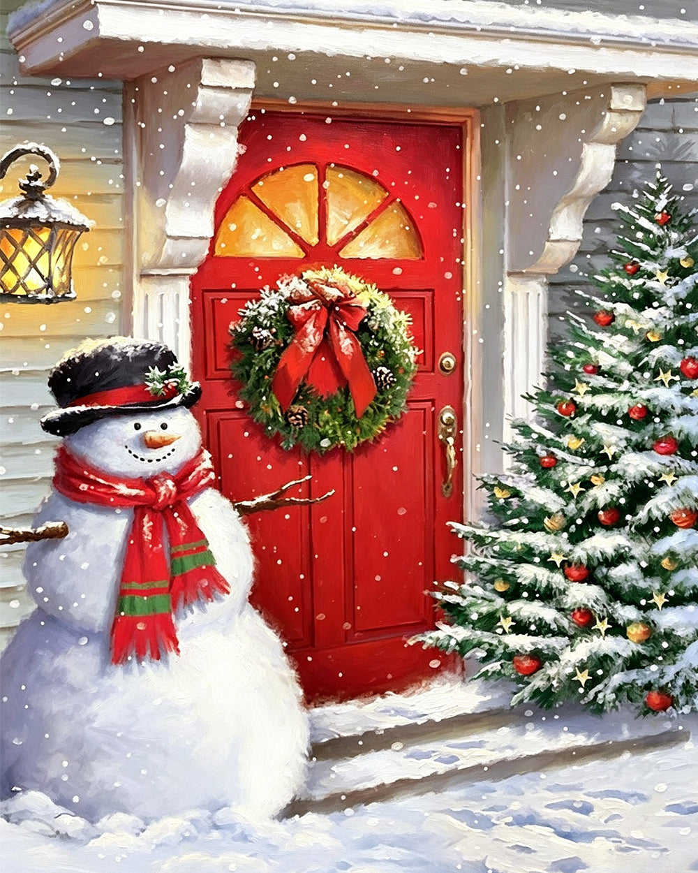 Snowman by a red door with christmas tree cross stitch kit for beginners