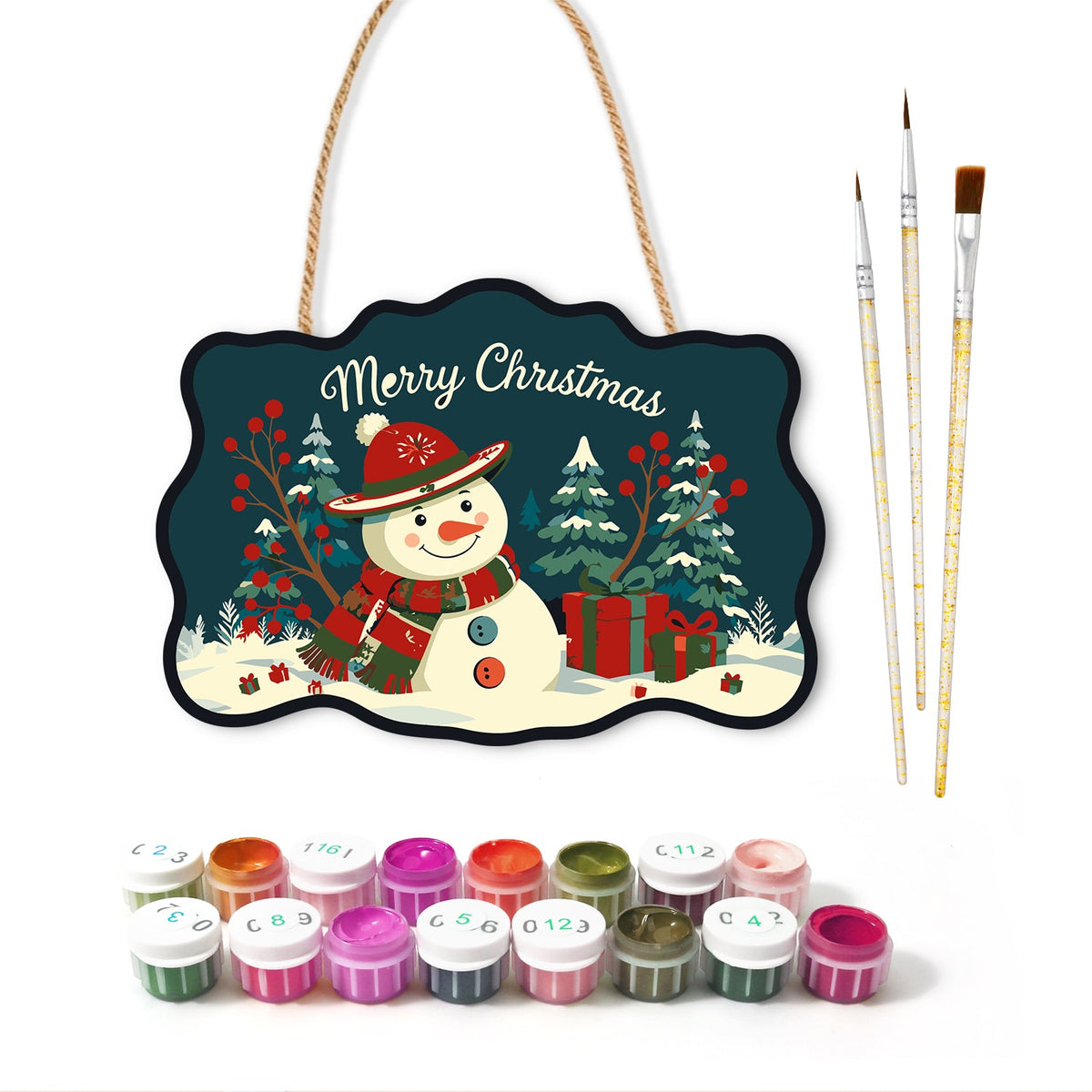 Snowman christmas scene paint by numbers door hanger with paints and brushes