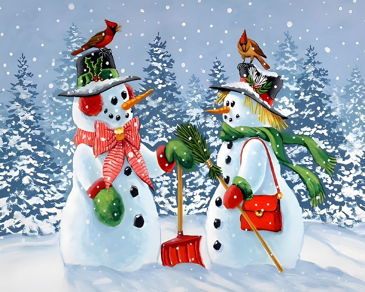 Snowman couple with red birds paint by numbers kit for beginners