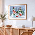Snowman couple with red birds paint by numbers artwork displayed on wall as home decor
