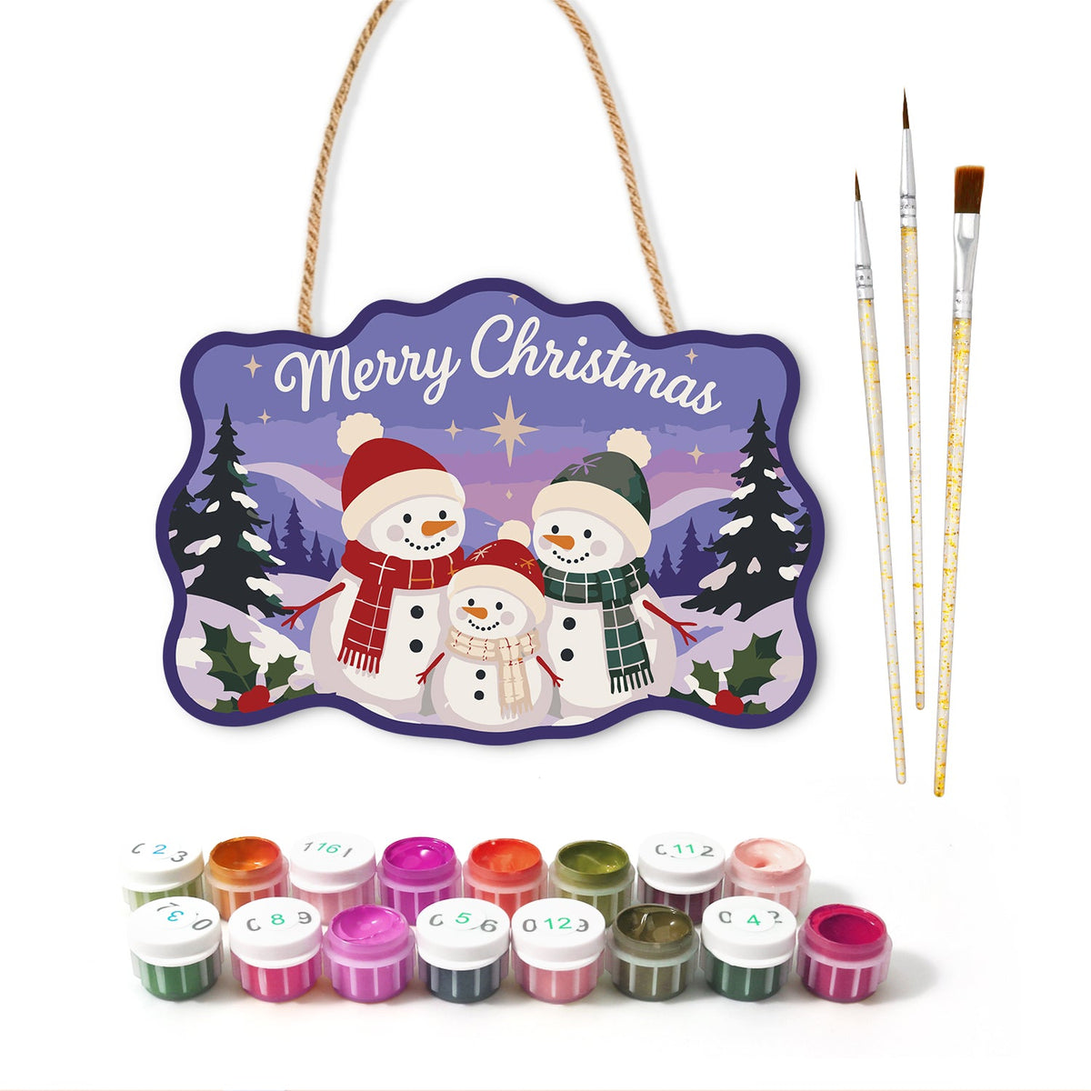 Snowman family christmas paint by numbers door hanger with paints and brushes