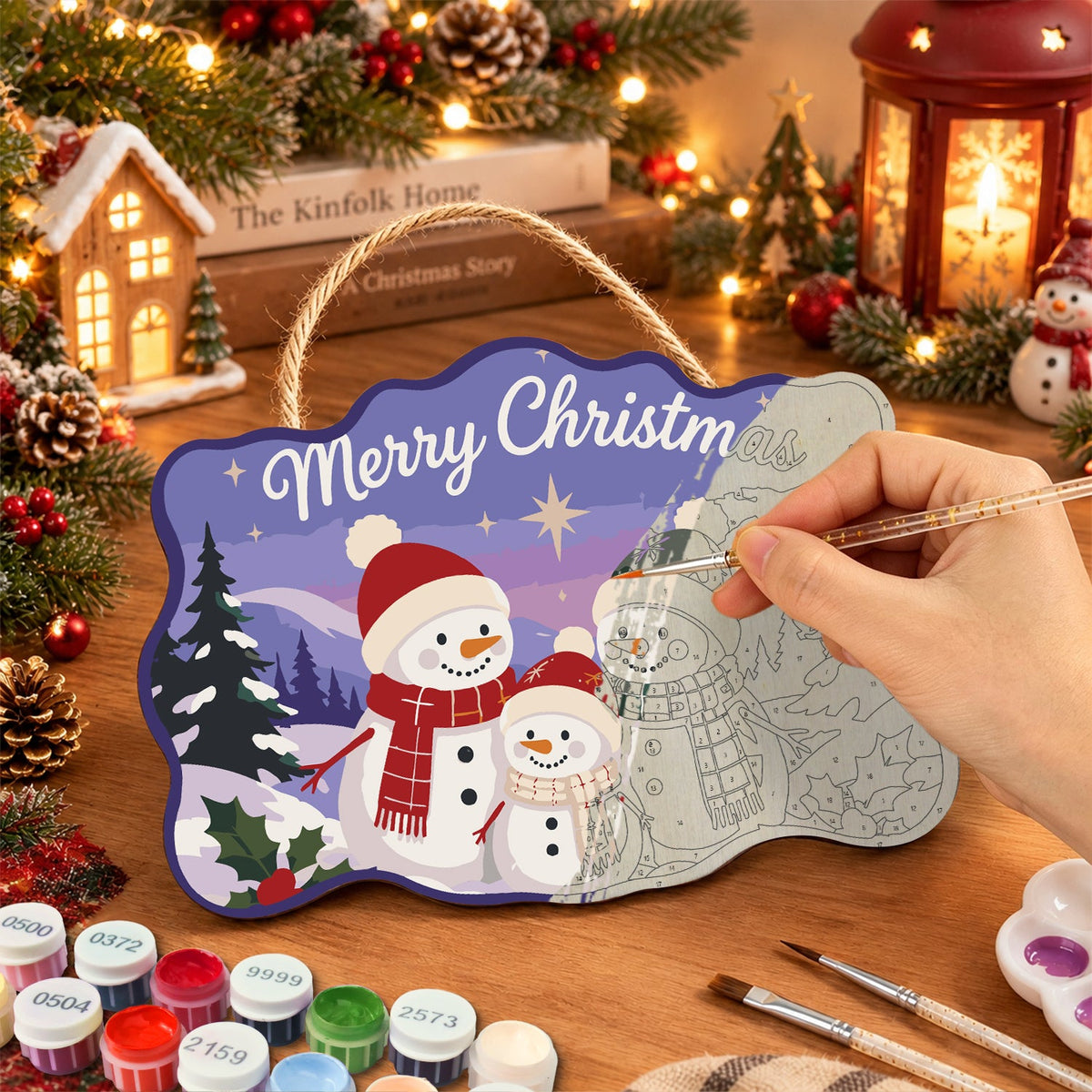 Snowman family christmas paint by numbers door hanger painting process