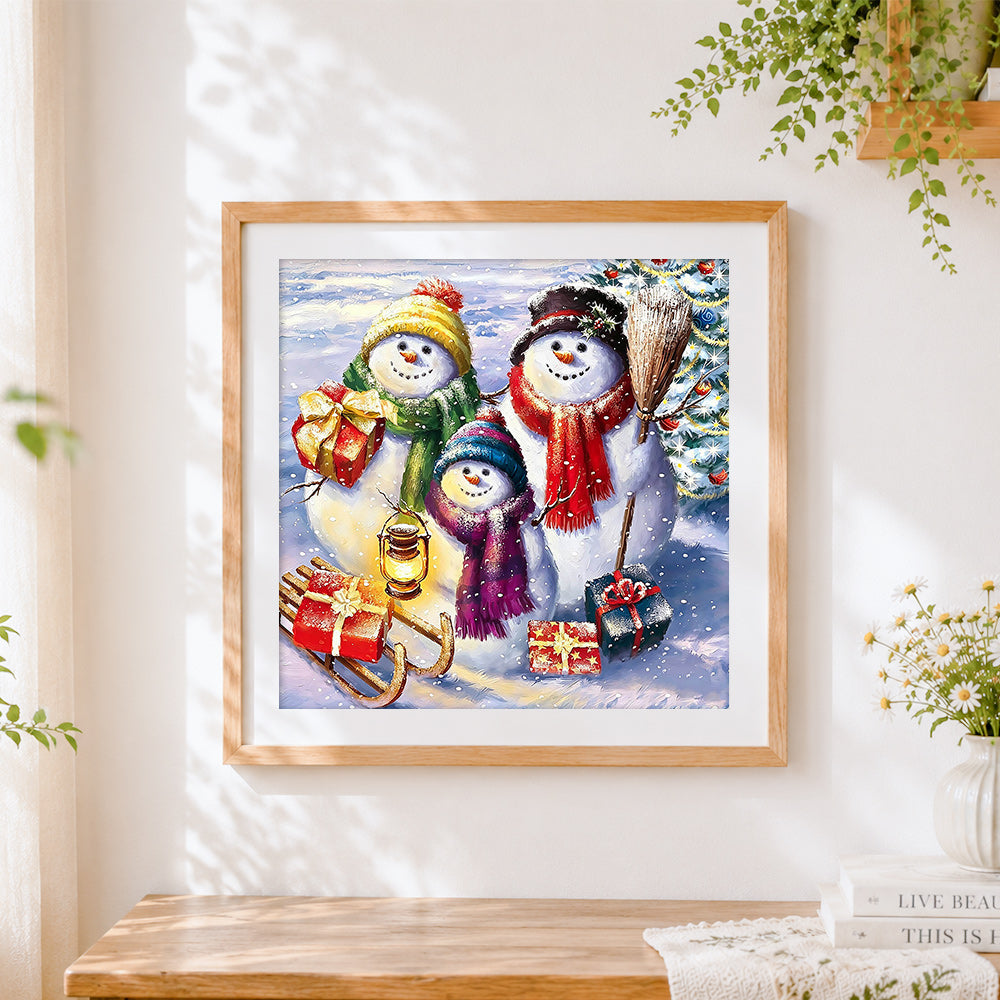 Finished snowman family with gifts and sleigh paint by numbers artwork displayed as home decor
