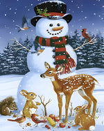Snowman feeding deer, rabbits and birds cross stitch kit for beginners