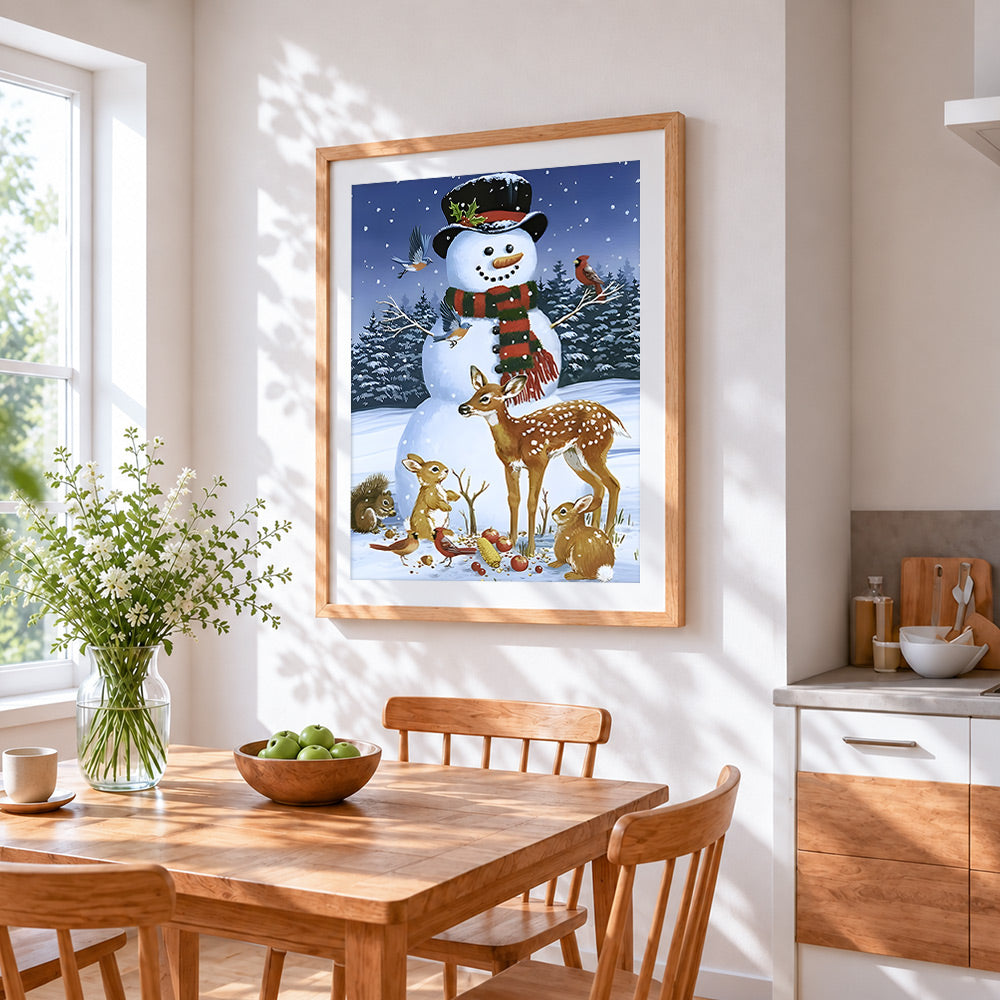 Snowman feeding deer, rabbits and birds cross stitch artwork displayed on wall as home decor