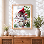 Finished snowman figurine and christmas baubles cross stitch artwork displayed