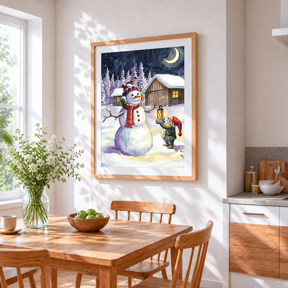 Snowman, gnome and robin cross stitch artwork displayed on wall as home decor