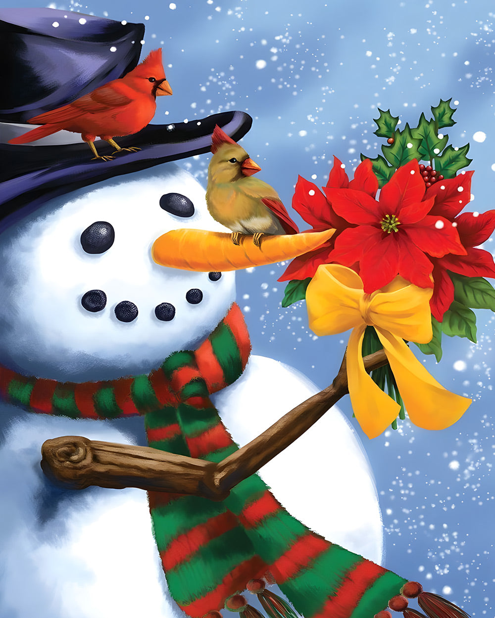Snowman holding poinsettia cross stitch kit for beginners