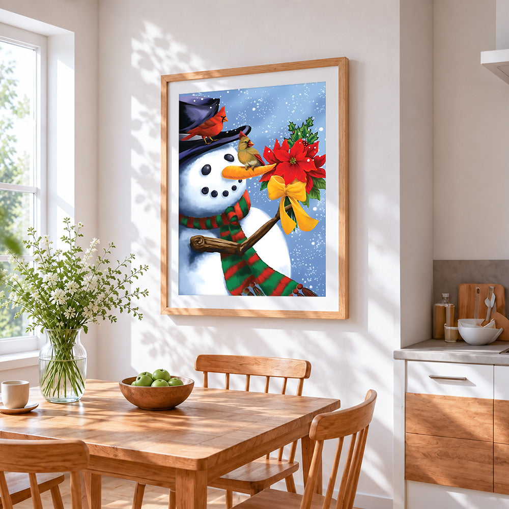 Snowman holding poinsettia cross stitch artwork displayed on wall as home decor