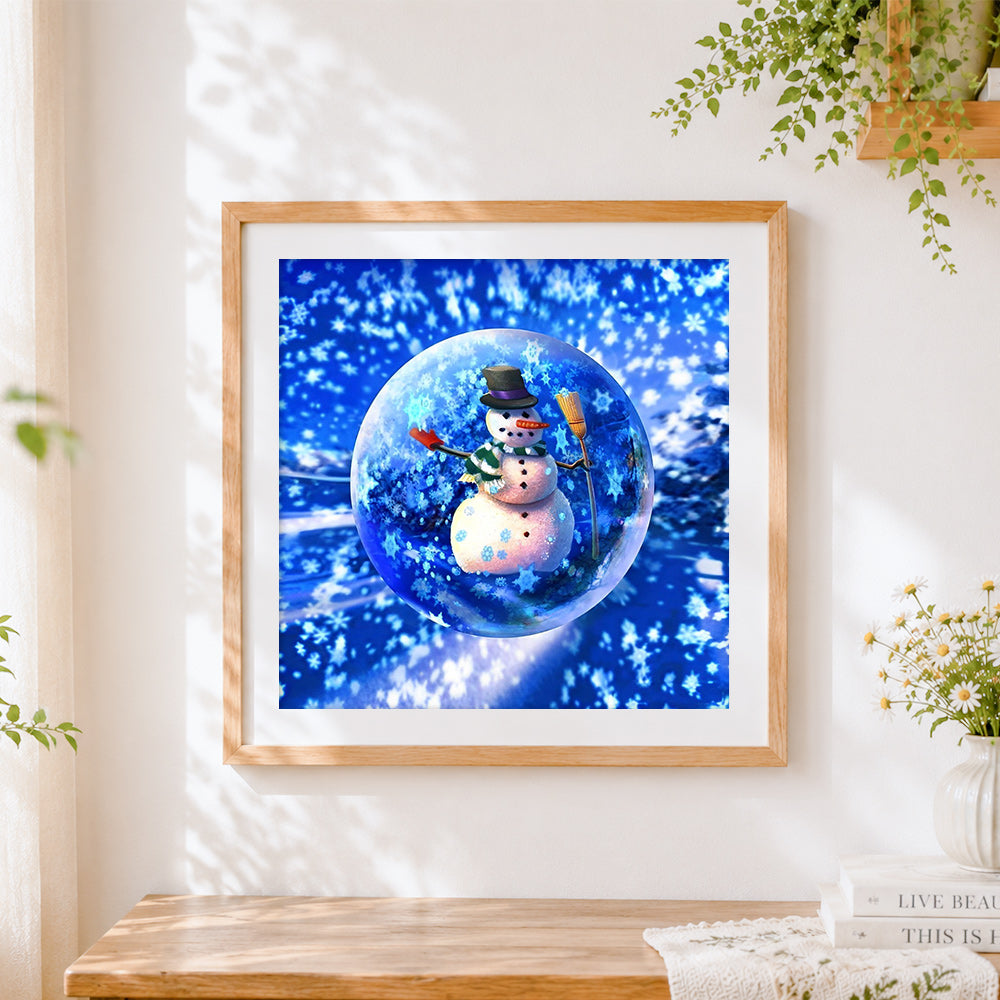 Finished snowman in a crystal ball cross stitch artwork displayed