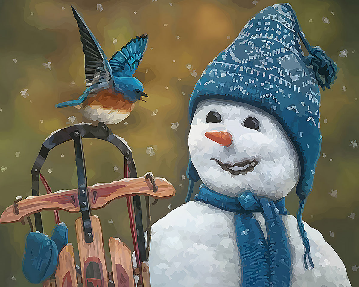 Snowman in blue knitted hat with little bird cross stitch kit for beginners
