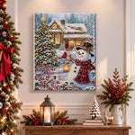 Finished snowman in winter cottage yard pearl diamond painting artwork displayed as holiday home decor