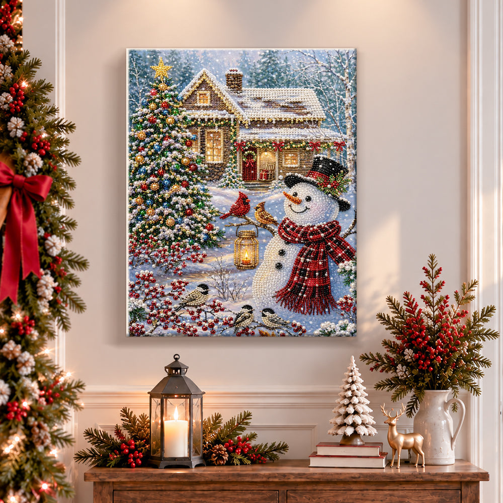 Finished snowman in winter cottage yard pearl diamond painting artwork displayed as holiday home decor