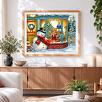 Finished snowman outside "the toy box" shop cross stitch artwork displayed
