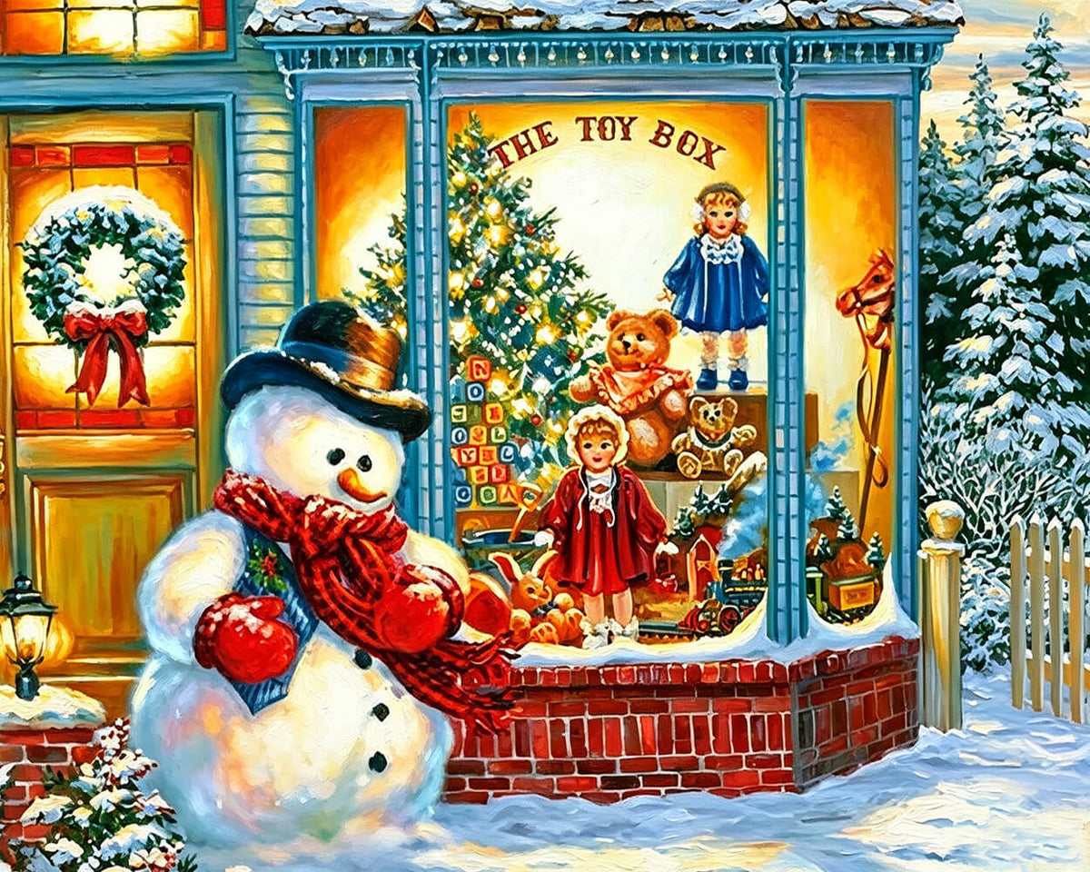 Snowman outside "the toy box" shop cross stitch kit for beginners