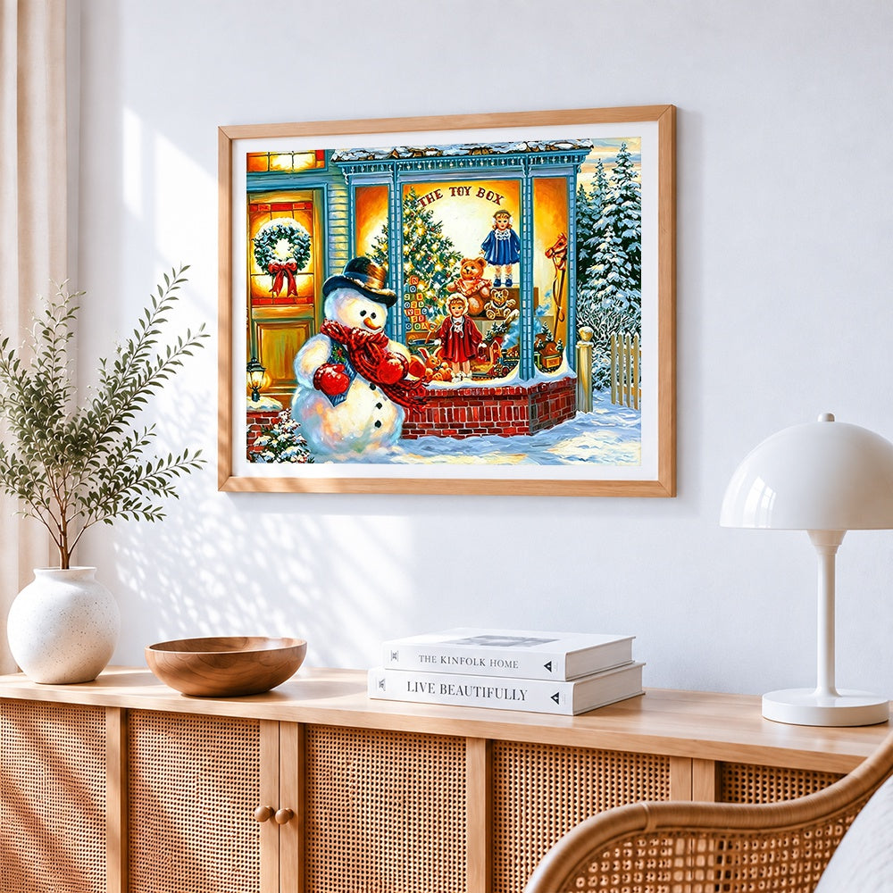 Snowman outside "the toy box" shop cross stitch artwork displayed on wall as home decor