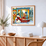 Snowman outside "the toy box" shop cross stitch artwork displayed on wall as home decor