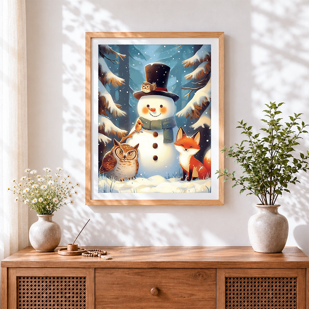Finished snowman, owl and fox in winter forest cross stitch artwork displayed