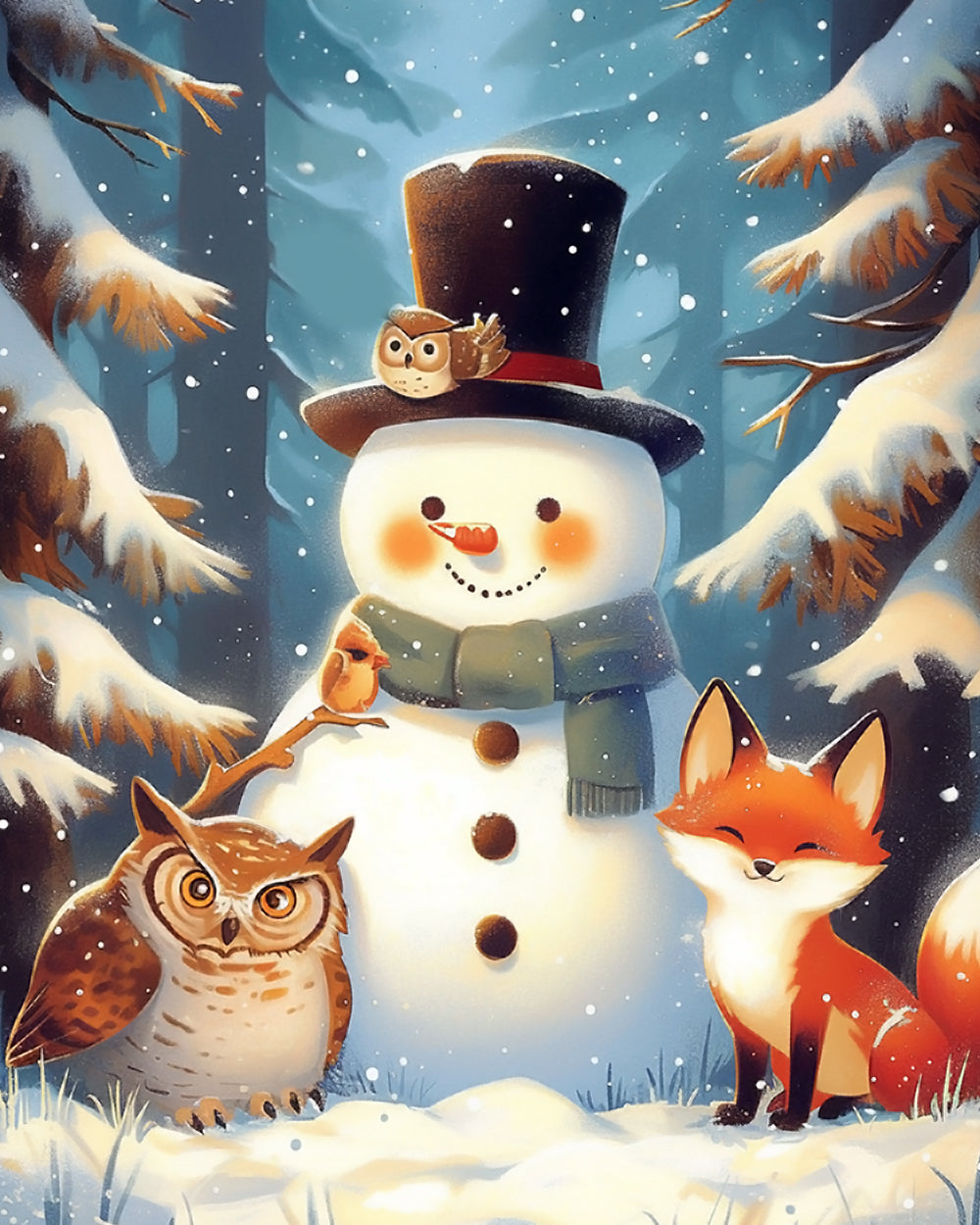 Snowman, owl and fox in winter forest cross stitch kit for beginners
