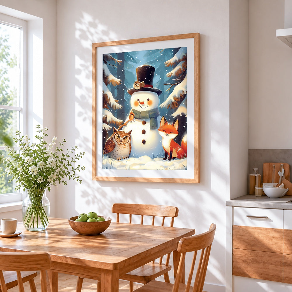 Snowman, owl and fox in winter forest cross stitch artwork displayed on wall as home decor