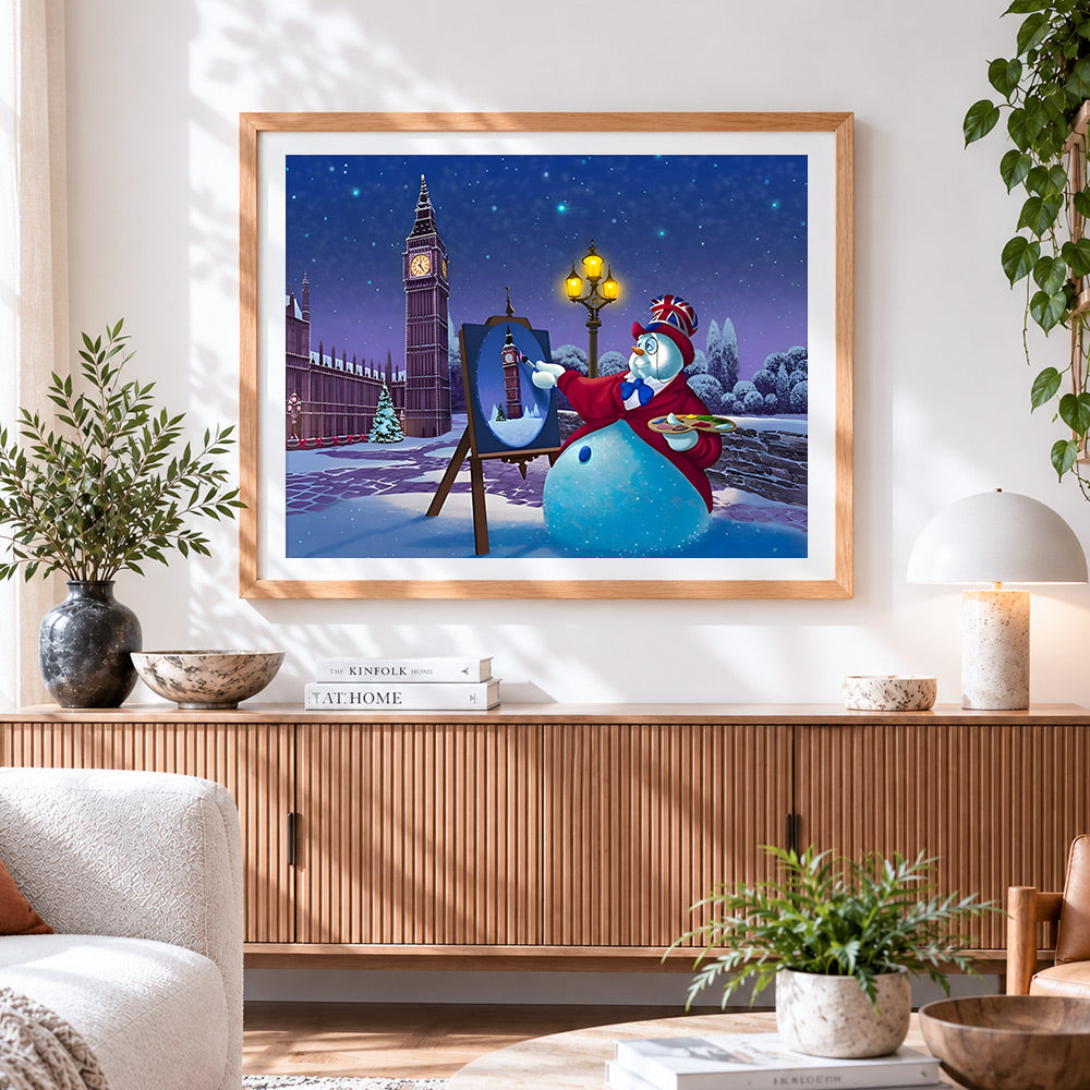 Finished snowman painting big ben cross stitch artwork displayed