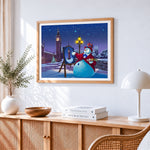 Snowman painting big ben cross stitch artwork displayed on wall as home decor