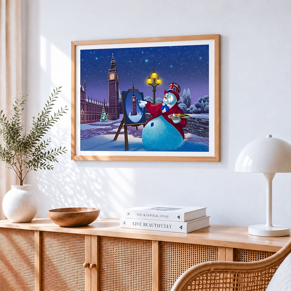 Snowman painting big ben paint by numbers artwork displayed on wall as home decor